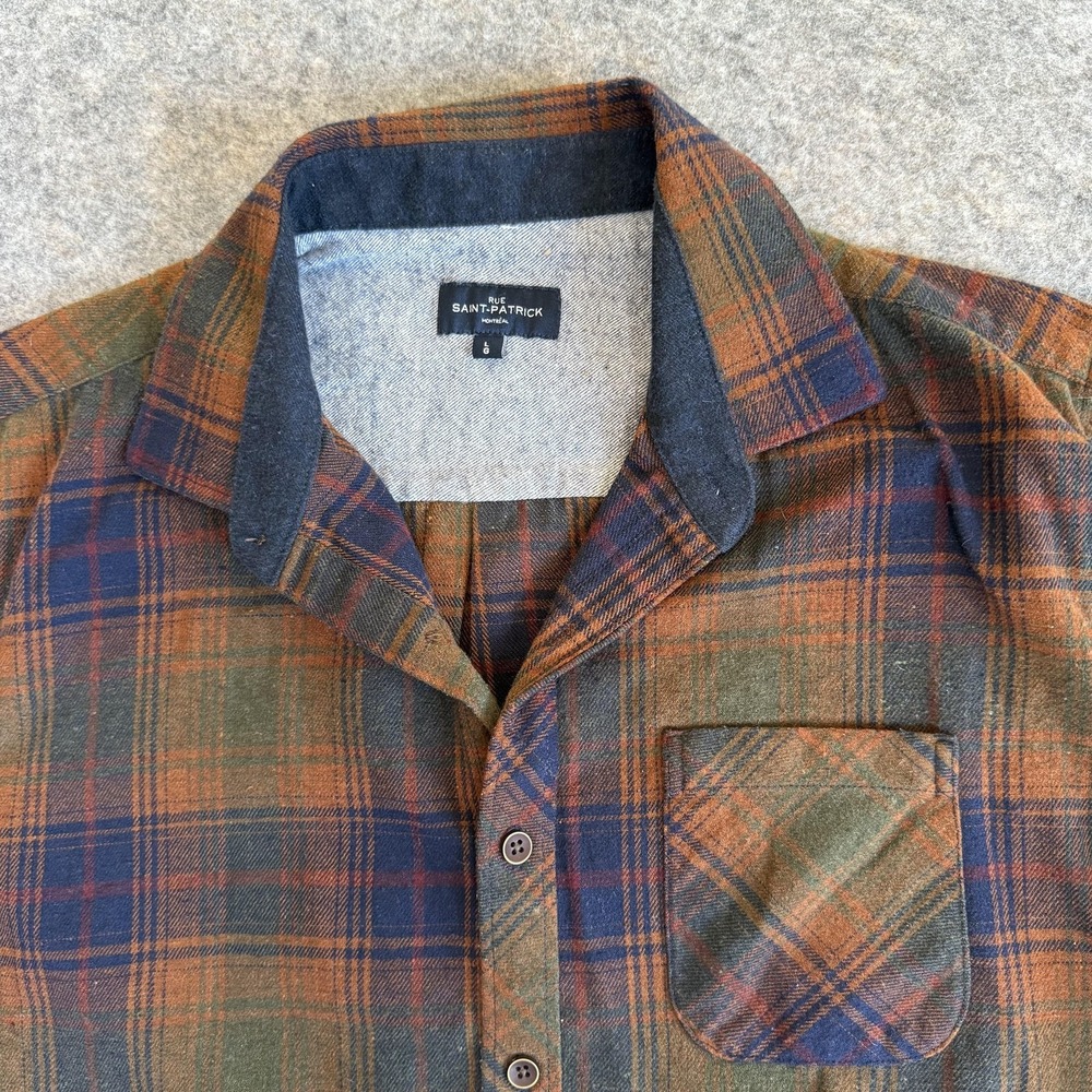Rue Saint-Patrick Shirt Mens Large Green‎ Blue Brown Plaid Flannel Button Down
